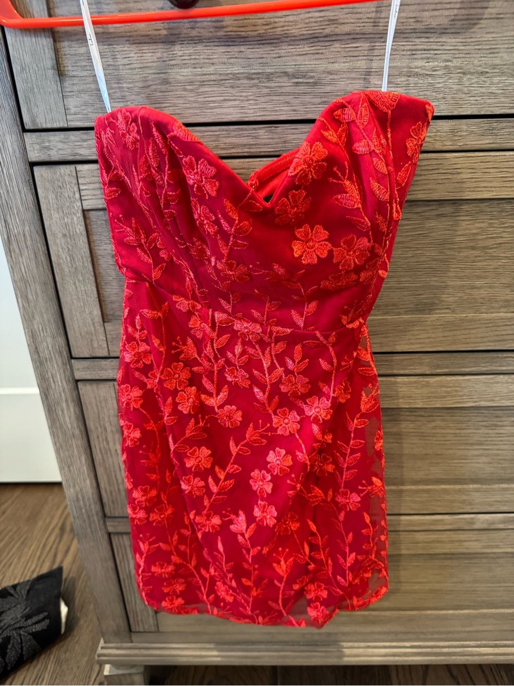Lulu's Red Strapless Floral Embroidered Mini Dress